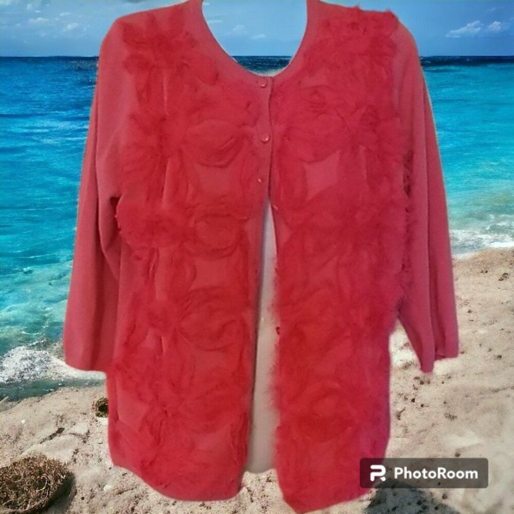 Fuschia Pink Flower Puffs Size Large Cardigan